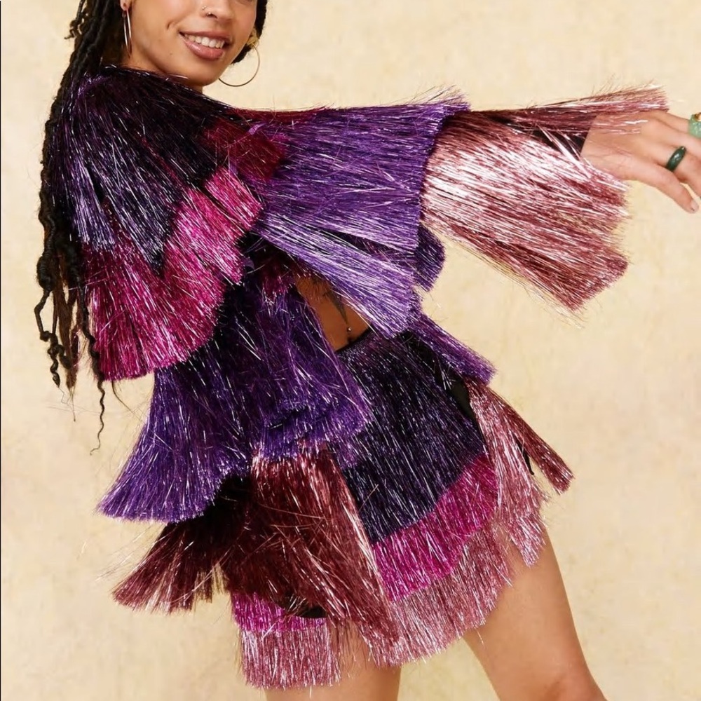NastyGal Metallic Tiered Fringe Open Front Jacket